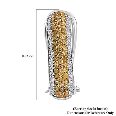 Natural Yellow Diamond I3 and White Diamond Omega Clip Earrings in Rhodium Over Sterling Silver 1.00 ctw