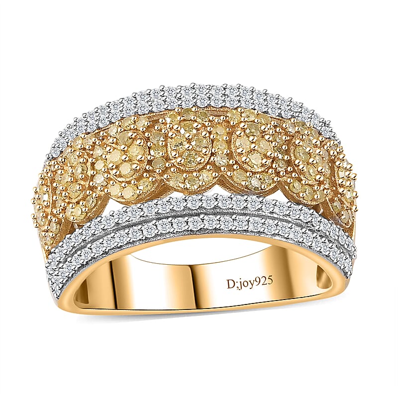 Natural Yellow Diamond I3 and Diamond Ring in 18K Vermeil Yellow Gold Over Sterling Silver (Size 10.0) 1.00 ctw
