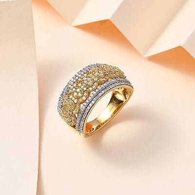 Natural Yellow Diamond I3 and Diamond Ring in 18K Vermeil Yellow Gold Over Sterling Silver (Size 10.0) 1.00 ctw
