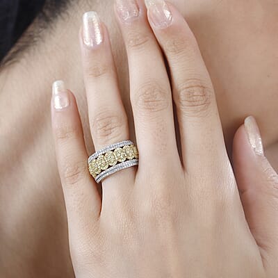 Natural Yellow Diamond I3 and Diamond Ring in 18K Vermeil Yellow Gold Over Sterling Silver (Size 10.0) 1.00 ctw