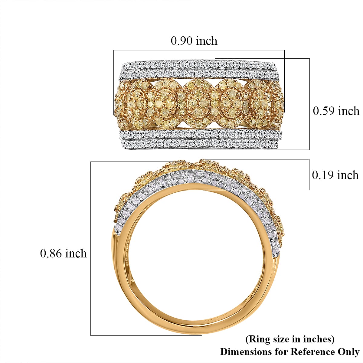 Natural Yellow Diamond I3 and Diamond Ring in 18K Vermeil Yellow Gold Over Sterling Silver (Size 10.0) 1.00 ctw