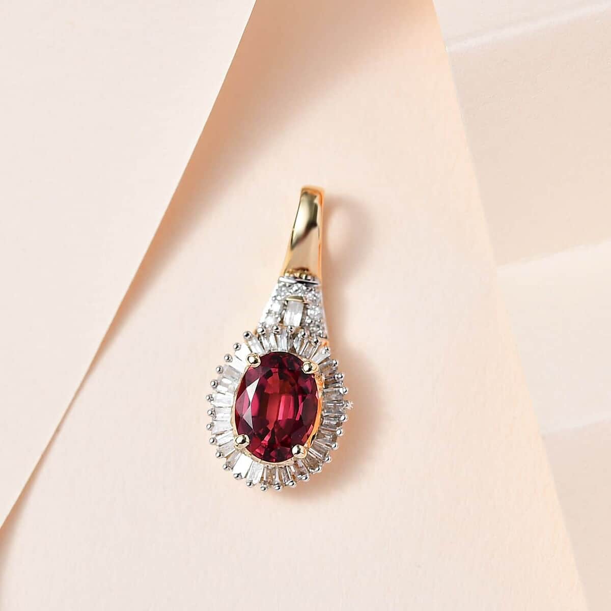 Luxoro 14K Yellow Gold AAA Ofiki Rubellite and G-H I2 Diamond Halo Pendant 1.65 ctw image number 1