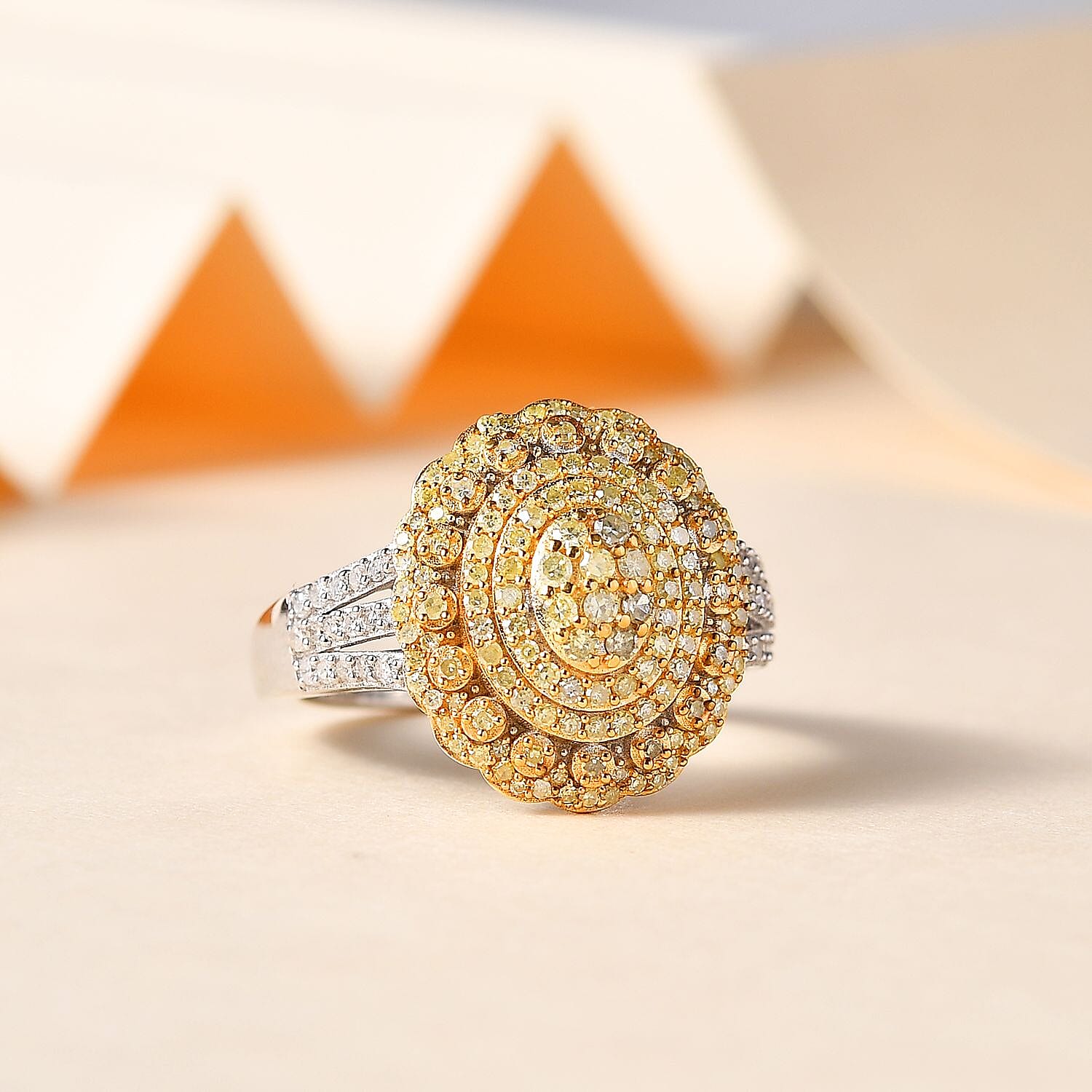 Natural Yellow Diamond 13 and Diamond Floral Ring in Rhodium Over Sterling Silver (Size 10.0) 1.00 ctw
