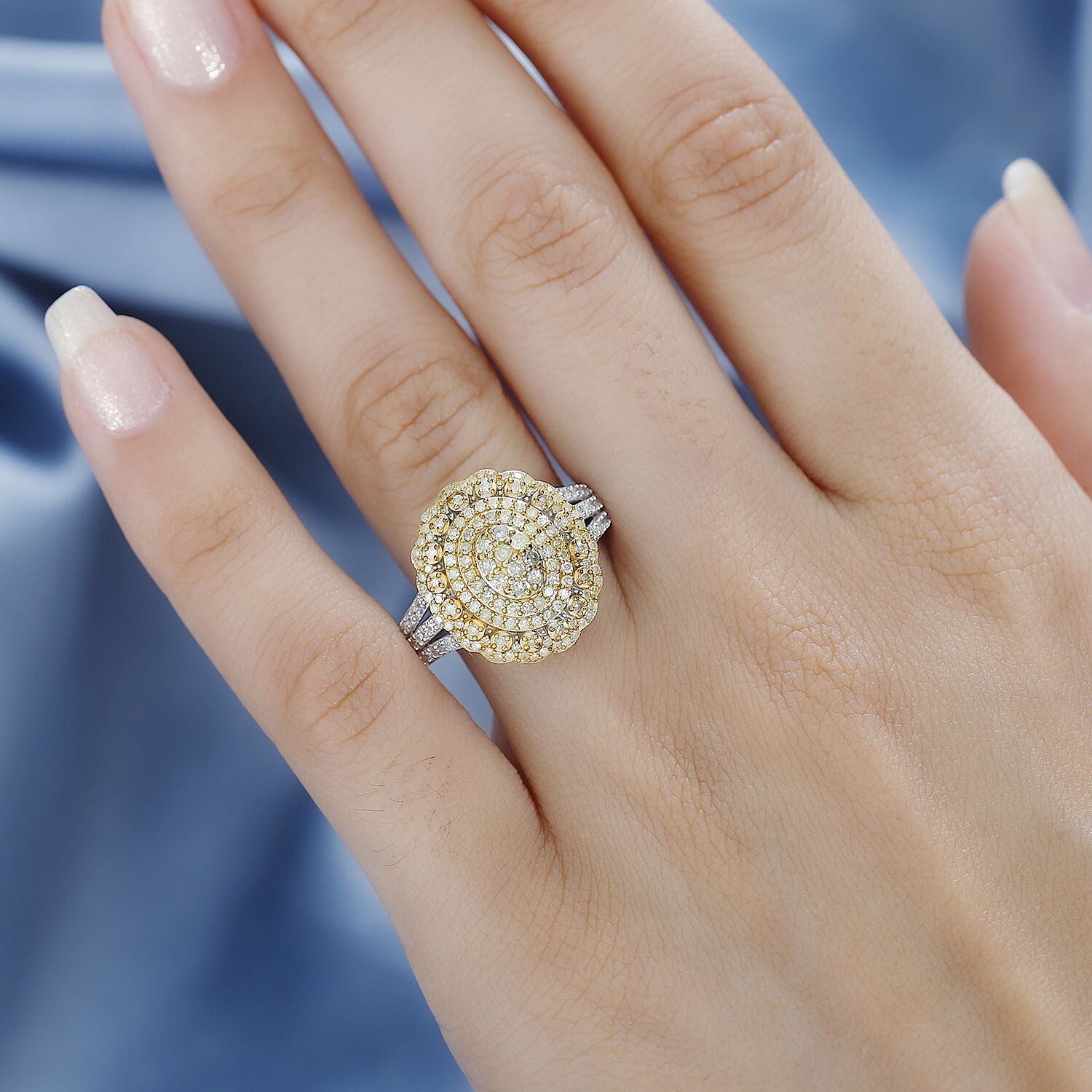 Natural Yellow Diamond 13 and Diamond Floral Ring in Rhodium Over Sterling Silver (Size 10.0) 1.00 ctw