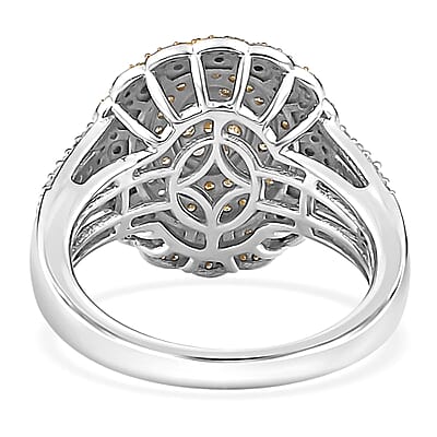 Natural Yellow Diamond 13 and Diamond Floral Ring in Rhodium Over Sterling Silver (Size 6.0) 1.00 ctw
