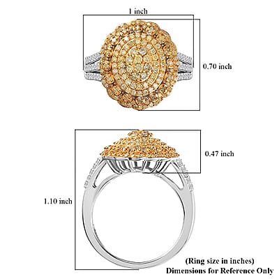 Natural Yellow Diamond 13 and Diamond Floral Ring in Rhodium Over Sterling Silver (Size 6.0) 1.00 ctw