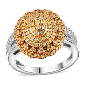 Natural Yellow Diamond 13 and Diamond Floral Ring in Rhodium Over Sterling Silver (Size 7.0) 1.00 ctw
