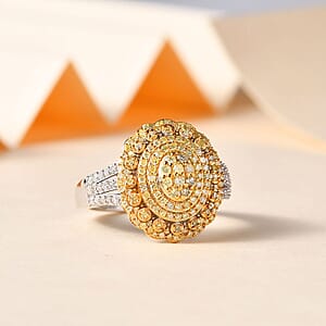 Natural Yellow Diamond 13 and Diamond Floral Ring in Rhodium Over Sterling Silver (Size 7.0) 1.00 ctw