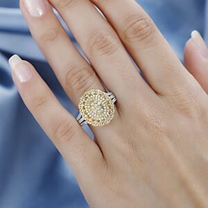 Natural Yellow Diamond 13 and Diamond Floral Ring in Rhodium Over Sterling Silver (Size 7.0) 1.00 ctw