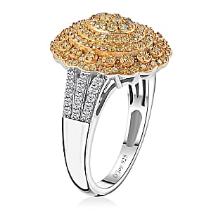 Natural Yellow Diamond 13 and Diamond Floral Ring in Rhodium Over Sterling Silver (Size 7.0) 1.00 ctw