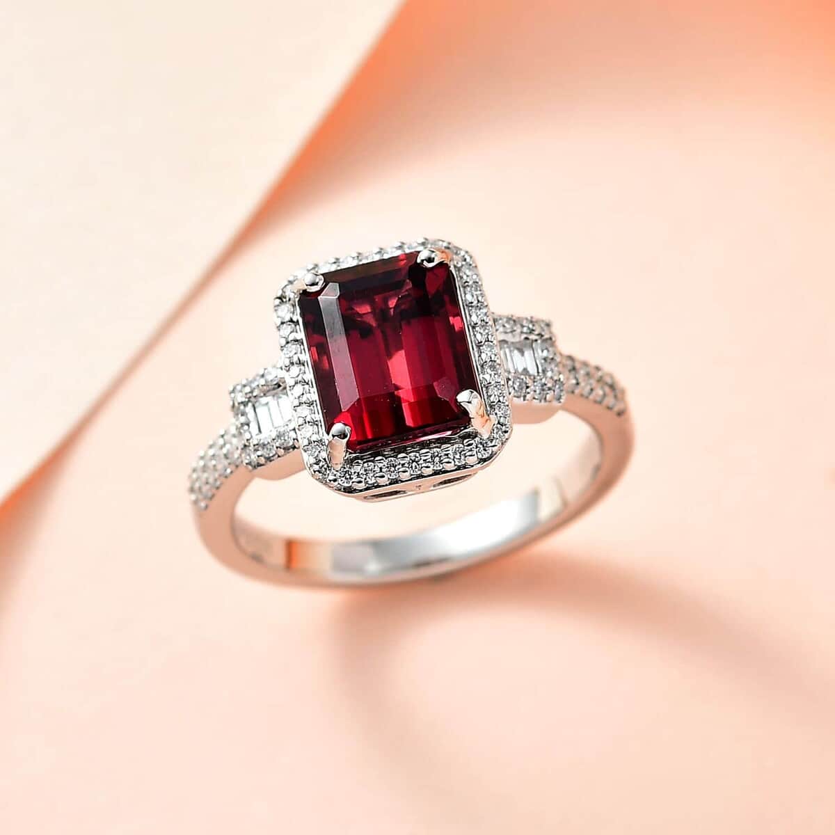 Rhapsody 950 Platinum AAAA Ofiki Rubellite, Diamond (E-F, VS2) (0.30 cts) Ring (Size 10.0) (6.35 g) 3.30 ctw image number 1