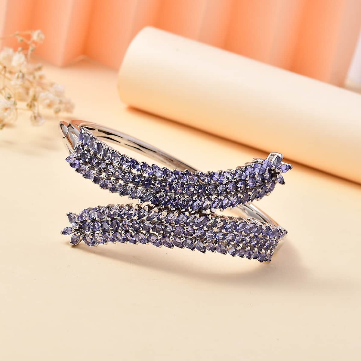 Doorbuster Tanzanite Bypass Leaf Bangle Bracelet in Platinum Over Sterling Silver (6.50 In) 11.00 ctw image number 1