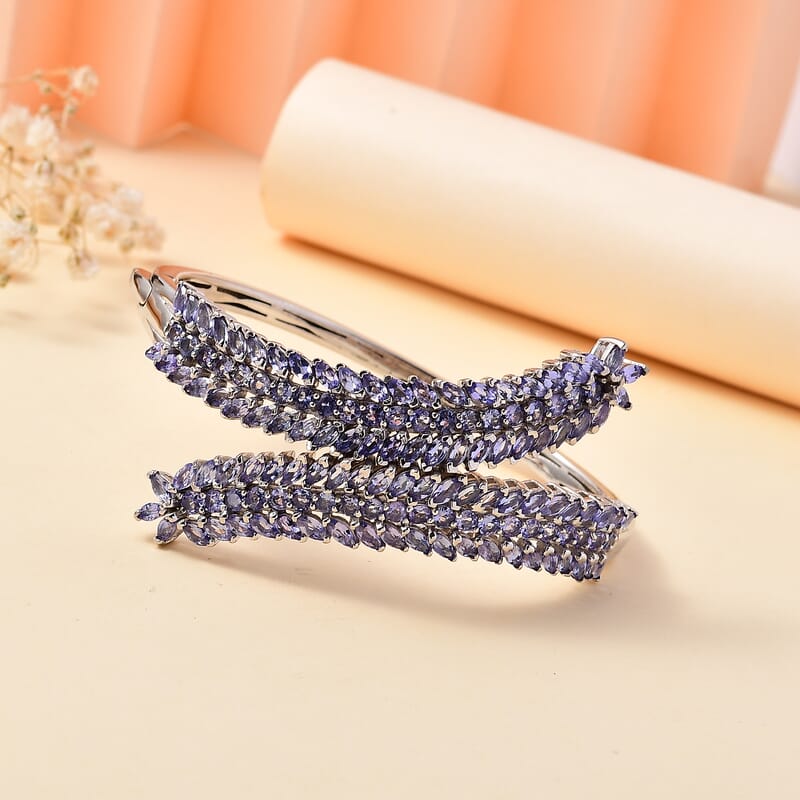 Tanzanite Bypass Leaf Bangle Bracelet in Platinum Over Sterling Silver (6.50 In) 11.00 ctw