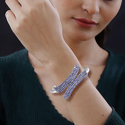 Tanzanite Bypass Leaf Bangle Bracelet in Platinum Over Sterling Silver (6.50 In) 11.00 ctw