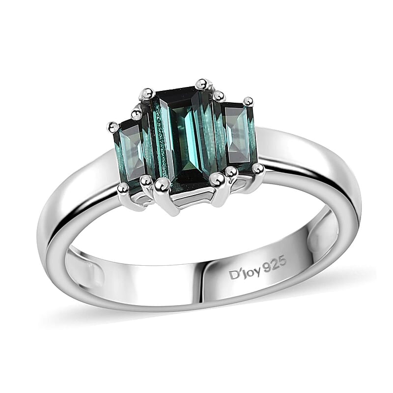 Premium Monte Belo Indicolite 3 Stone Ring in Rhodium Over Sterling Silver (Size 10.0) 1.10 ctw