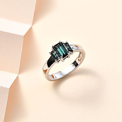 Premium Monte Belo Indicolite 3 Stone Ring in Rhodium Over Sterling Silver (Size 10.0) 1.10 ctw