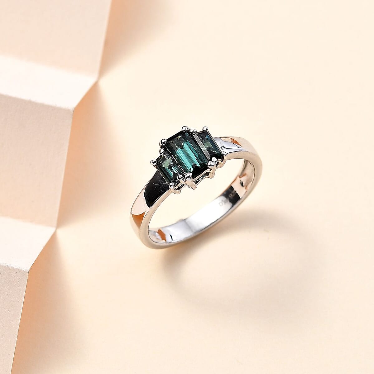 Premium Monte Belo Indicolite 3 Stone Ring in Rhodium Over Sterling Silver (Size 9.0) 1.10 ctw image number 1