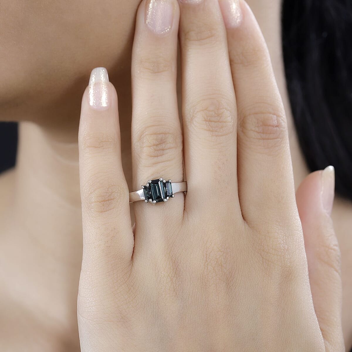 Premium Monte Belo Indicolite 3 Stone Ring in Rhodium Over Sterling Silver (Size 9.0) 1.10 ctw image number 2