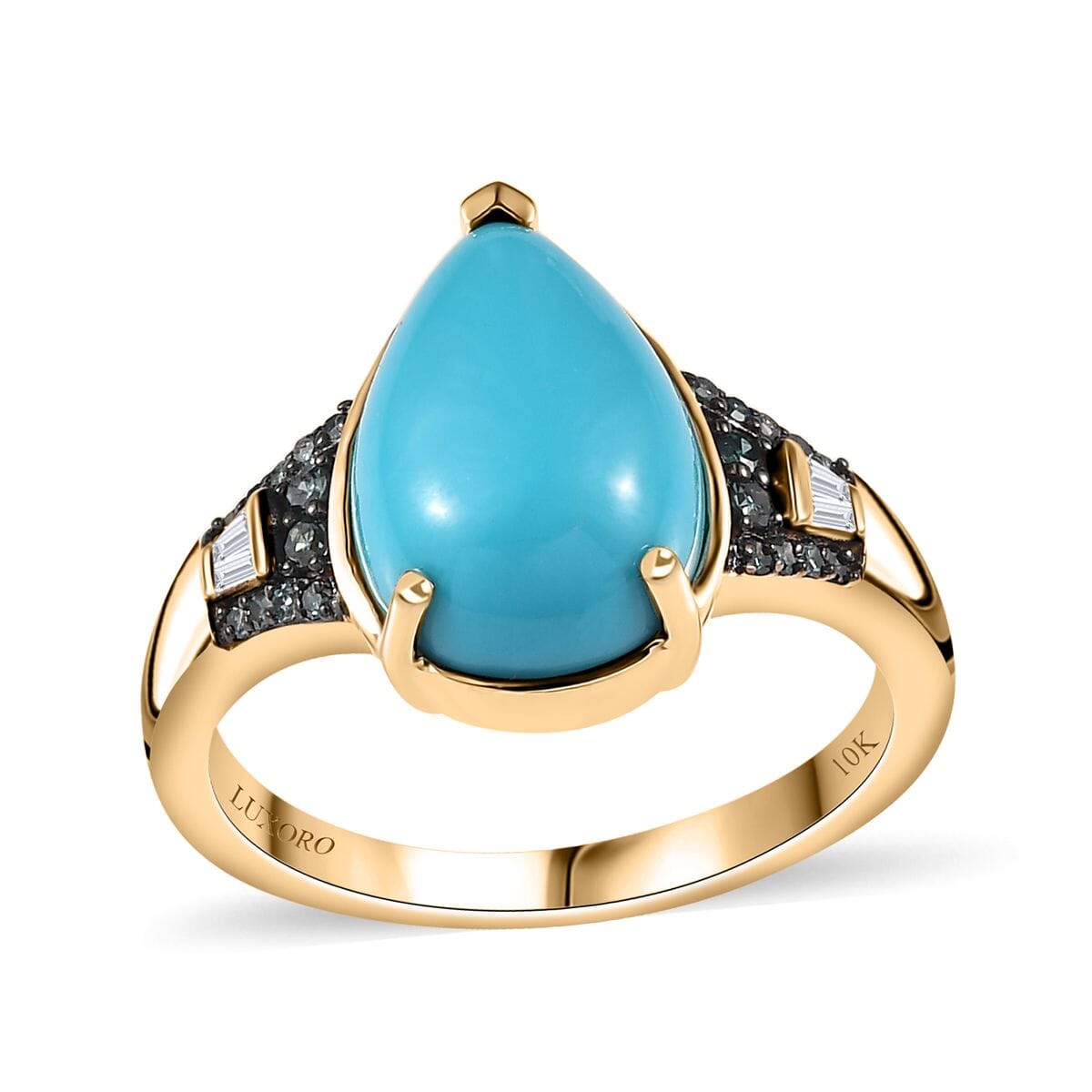 Luxoro 10K Yellow Gold Premium Sleeping Beauty Turquoise, G-H I2 Blue and White Diamond Ring (Size 6.0) 3.85 ctw image number 0