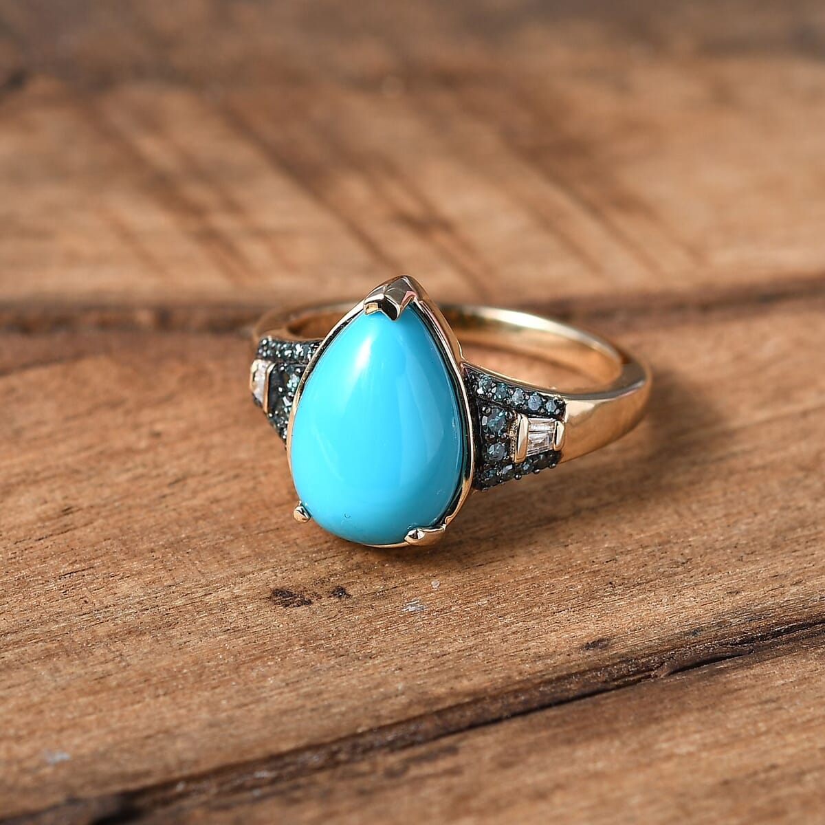 Luxoro 10K Yellow Gold Premium Sleeping Beauty Turquoise, G-H I2 Blue and White Diamond Ring (Size 6.0) 3.85 ctw image number 1