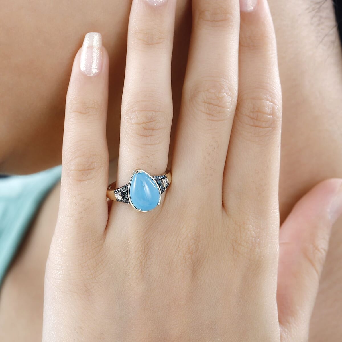 Luxoro 10K Yellow Gold Premium Sleeping Beauty Turquoise, G-H I2 Blue and White Diamond Ring (Size 6.0) 3.85 ctw image number 2