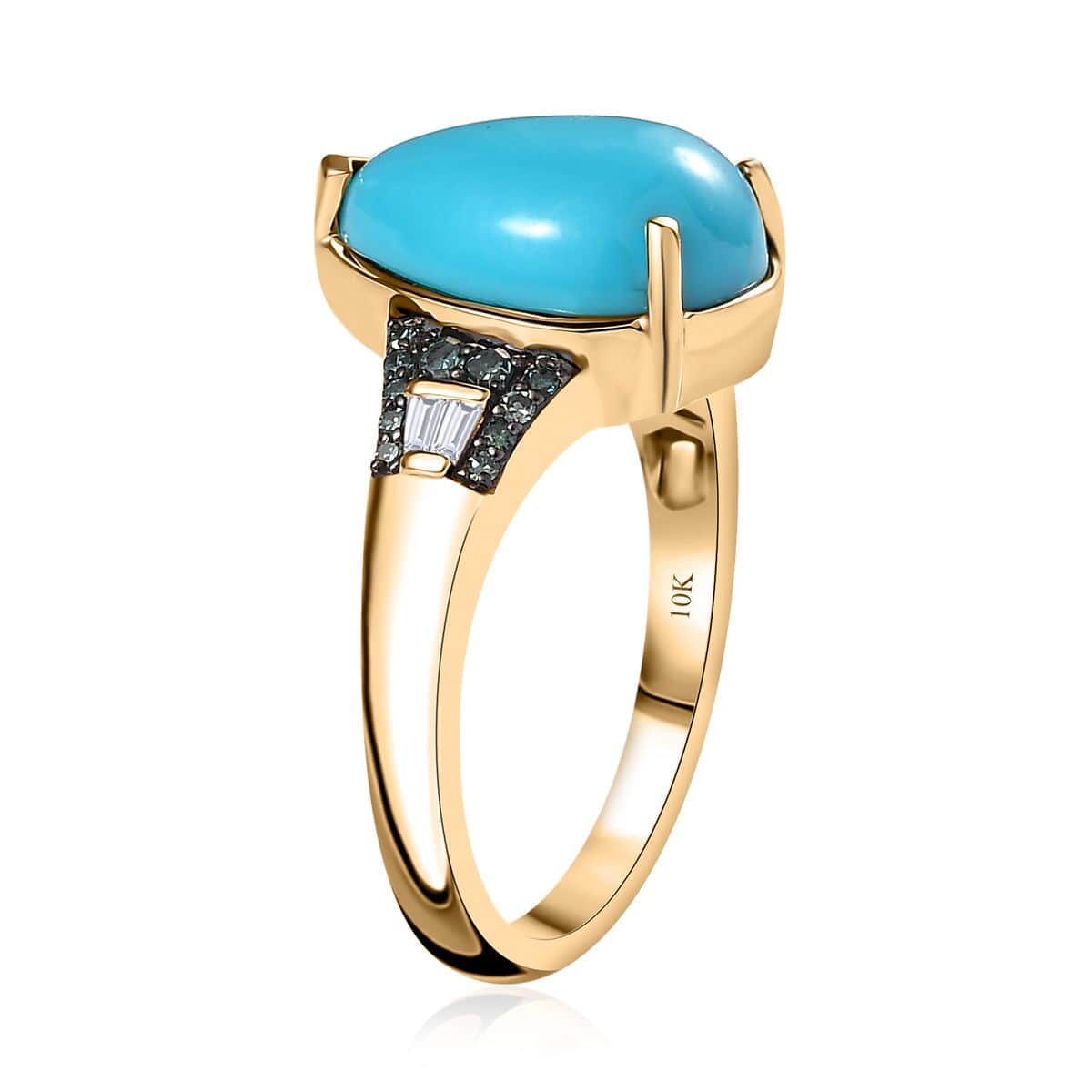 Luxoro 10K Yellow Gold Premium Sleeping Beauty Turquoise, G-H I2 Blue and White Diamond Ring (Size 8.0) 3.85 ctw image number 3