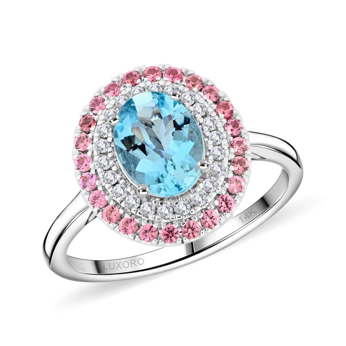 Certified & Appraised Luxoro 14K White Gold AAA Santa Maria Aquamarine, Pink Spinel and G-H I2 Diamond Ring (Size 10.0) 4.50 Grams 2.25 ctw image number 0