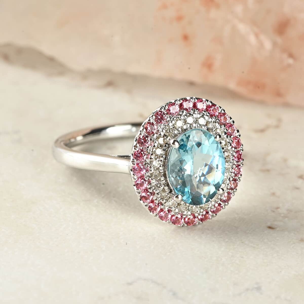 Certified & Appraised Luxoro 14K White Gold AAA Santa Maria Aquamarine, Pink Spinel and G-H I2 Diamond Ring (Size 10.0) 4.50 Grams 2.25 ctw image number 1