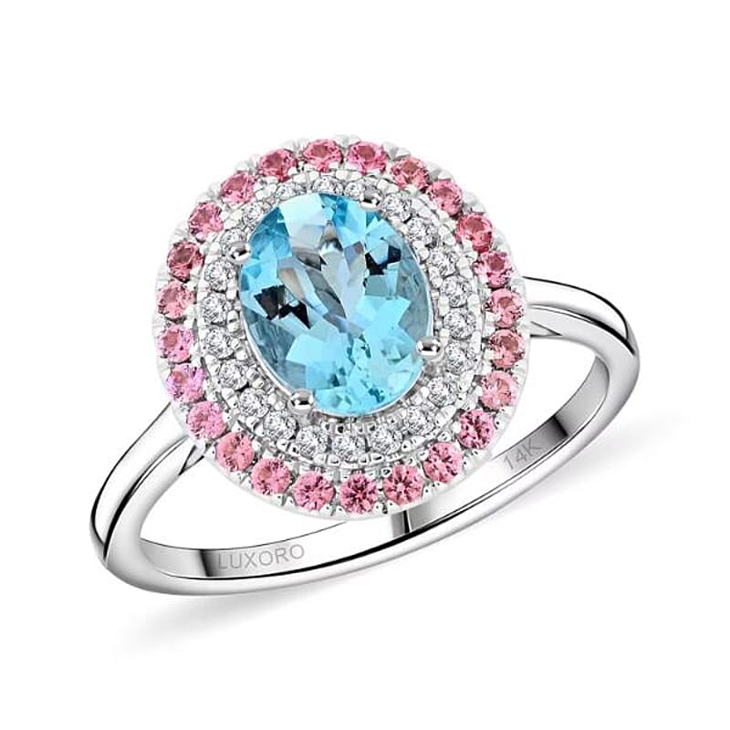 Certified and Appraised Luxoro AAA Santa Maria Aquamarine, Pink Spinel, Diamond Ring in 14K White Gold 2.25 ctw (Size 11.0)