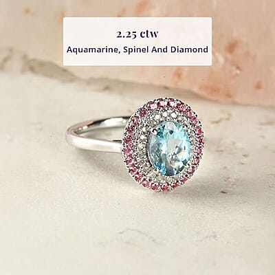 Certified and Appraised Luxoro AAA Santa Maria Aquamarine, Pink Spinel, Diamond Ring in 14K White Gold 2.25 ctw (Size 11.0)
