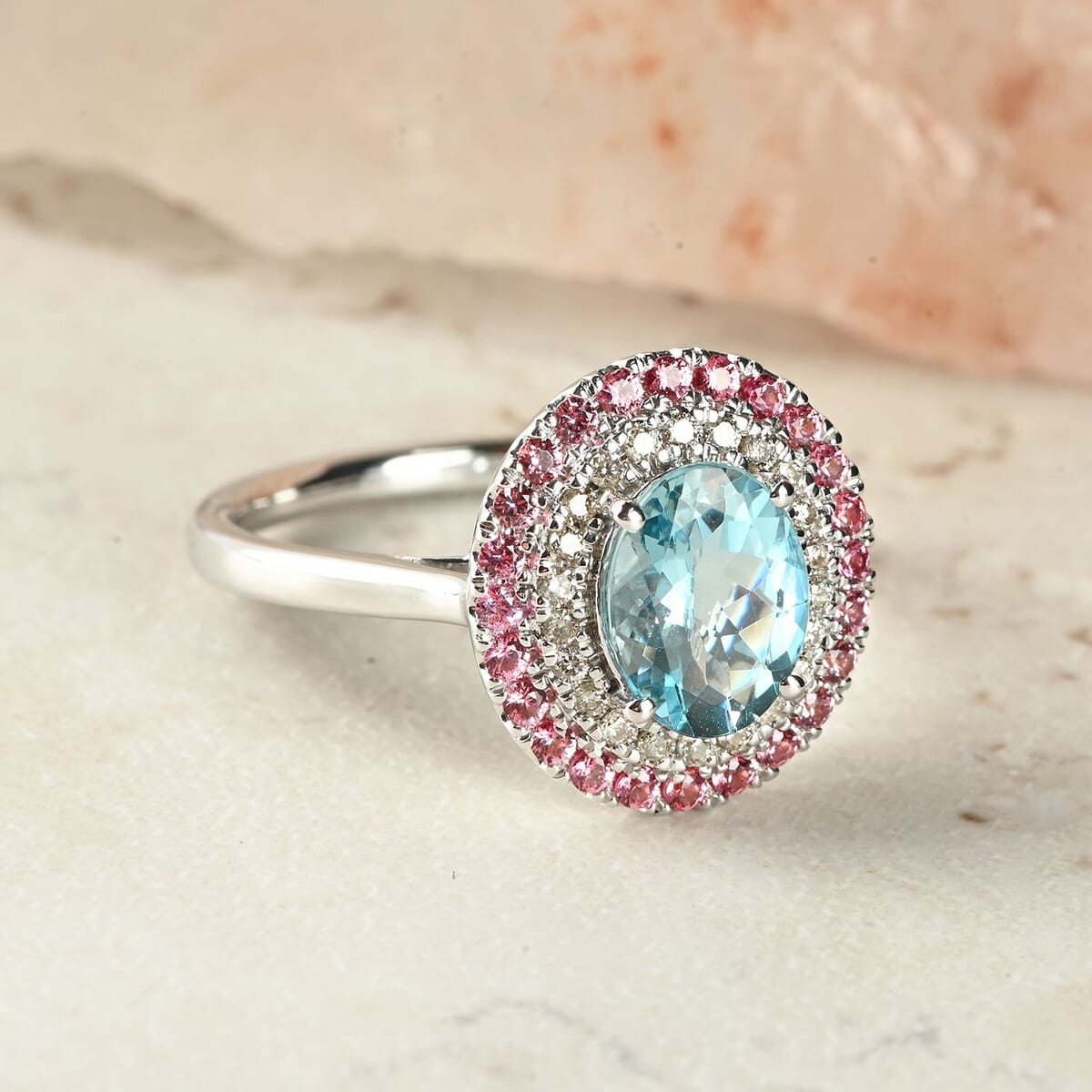 Certified & Appraised Luxoro 14K White Gold AAA Santa Maria Aquamarine, Pink Spinel and G-H I2 Diamond Ring (Size 8.0) 4.50 Grams 2.25 ctw image number 1