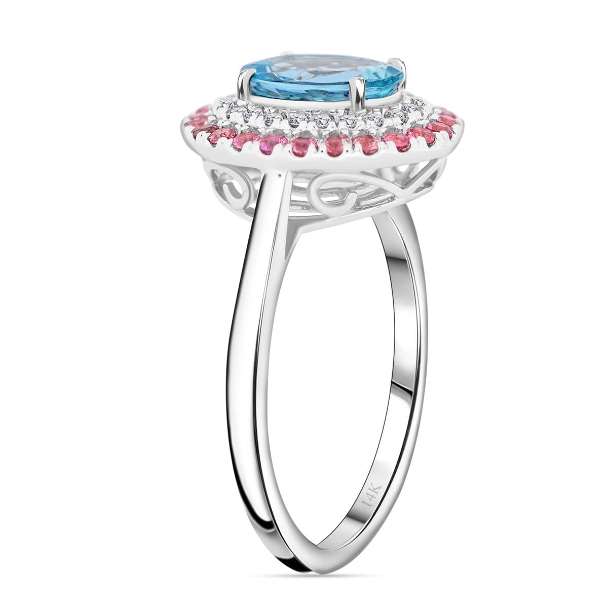 Certified & Appraised Luxoro 14K White Gold AAA Santa Maria Aquamarine, Pink Spinel and G-H I2 Diamond Ring (Size 8.0) 4.50 Grams 2.25 ctw image number 3