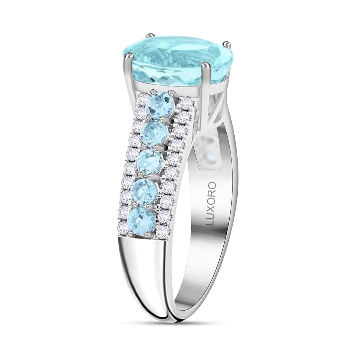 Certified & Appraised Luxoro AAA Santa Maria Aquamarine and G-H I2 Diamond 3.20 ctw Ring in 14K White Gold (Size 7.0) 4.56 Grams image number 3