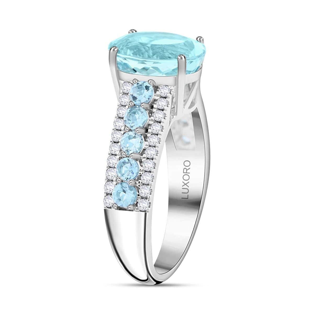 Certified & Appraised Luxoro AAA Santa Maria Aquamarine and G-H I2 Diamond 3.20 ctw Ring in 14K White Gold (Size 8.5) 4.56 Grams image number 3