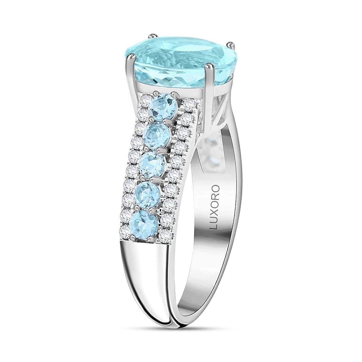 Certified & Appraised Luxoro AAA Santa Maria Aquamarine and G-H I2 Diamond 3.20 ctw Ring in 14K White Gold (Size 9.5) 4.56 Grams image number 3