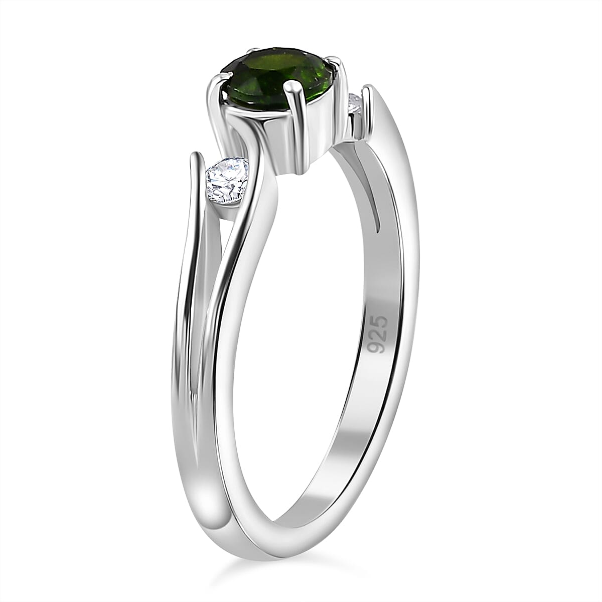 Chrome Diopside and White Zircon 0.75 ctw Ring in Rhodium Over Sterling Silver (Size 9.0)