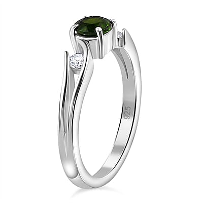 Chrome Diopside and White Zircon 0.75 ctw Ring in Rhodium Over Sterling Silver (Size 9.0)