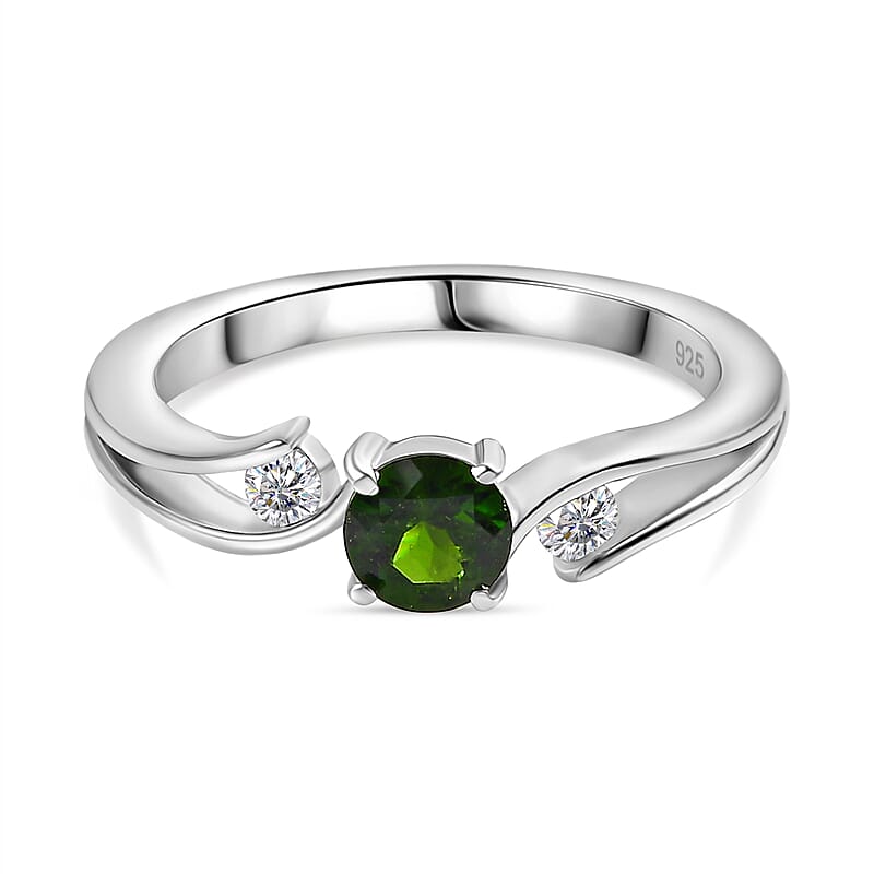 Chrome Diopside and White Zircon 0.75 ctw Ring in Rhodium Over Sterling Silver (Size 11.5)
