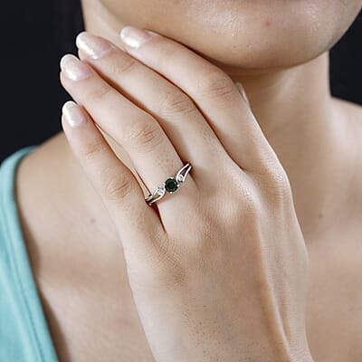 Chrome Diopside and White Zircon 0.75 ctw Ring in Rhodium Over Sterling Silver (Size 11.5)