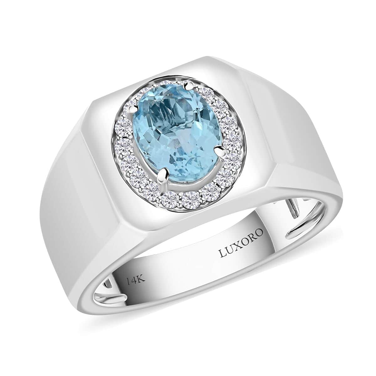 Certified & Appraised Luxoro AAA Santa Maria Aquamarine and G-H I2 Diamond 1.35 ctw Men's Ring in 14K White Gold (Size 10.0) 7.75 Grams image number 0