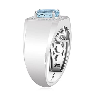 Certified & Appraised Luxoro AAA Santa Maria Aquamarine and G-H I2 Diamond 1.35 ctw Men's Ring in 14K White Gold (Size 10.0) 7.75 Grams