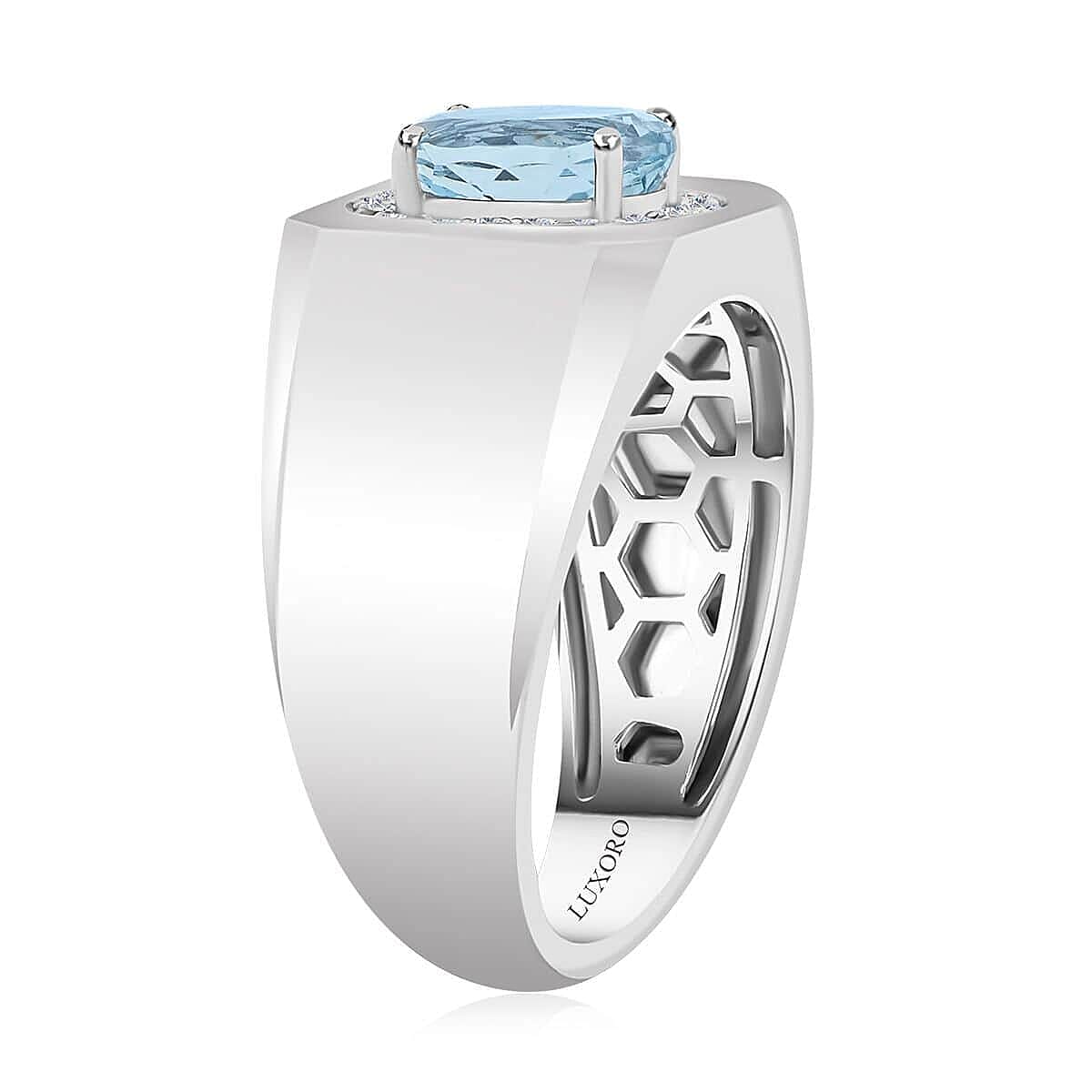 Certified & Appraised Luxoro AAA Santa Maria Aquamarine and G-H I2 Diamond 1.35 ctw Men's Ring in 14K White Gold (Size 7.5) 7.75 Grams image number 2