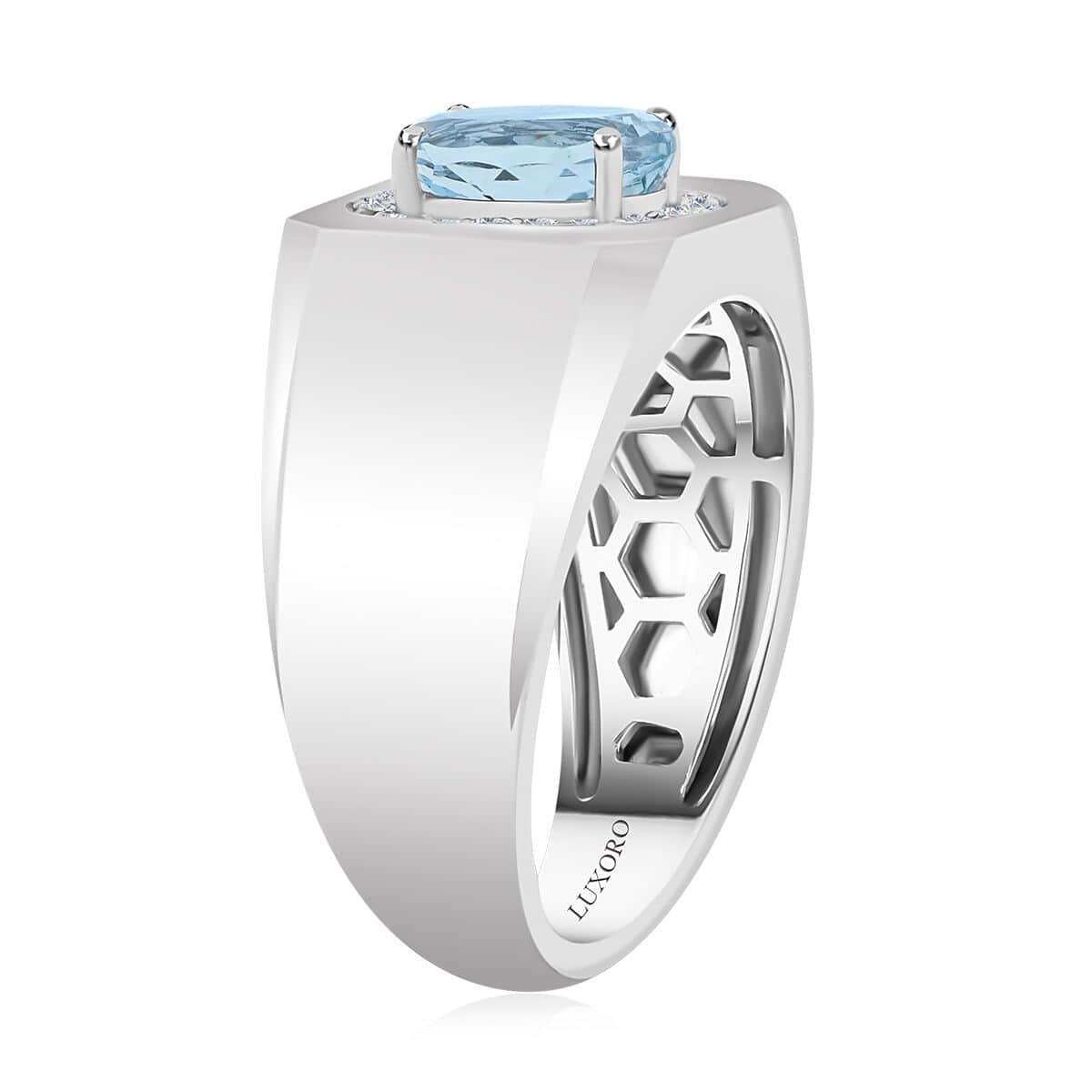 Certified & Appraised Luxoro AAA Santa Maria Aquamarine and G-H I2 Diamond 1.35 ctw Men's Ring in 14K White Gold (Size 8.0) 7.75 Grams image number 2