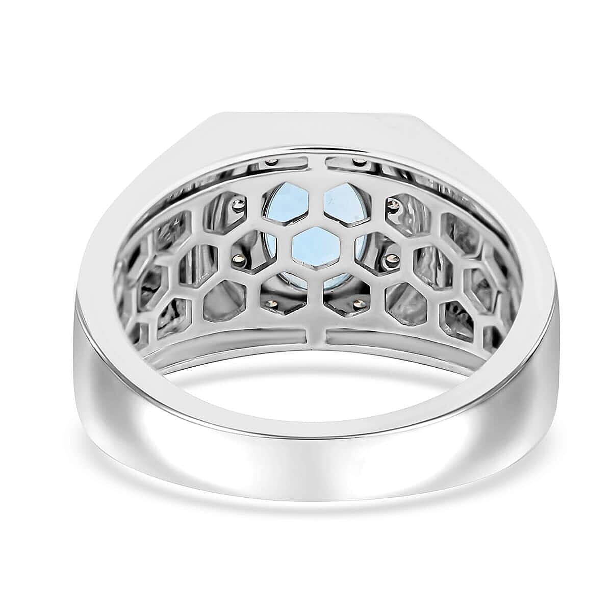 Certified & Appraised Luxoro AAA Santa Maria Aquamarine and G-H I2 Diamond 1.35 ctw Men's Ring in 14K White Gold (Size 8.5) 7.75 Grams image number 3