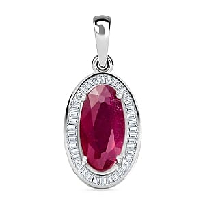 African Ruby and White Diamond 3.22 ctw Pendant in Rhodium Over Sterling Silver