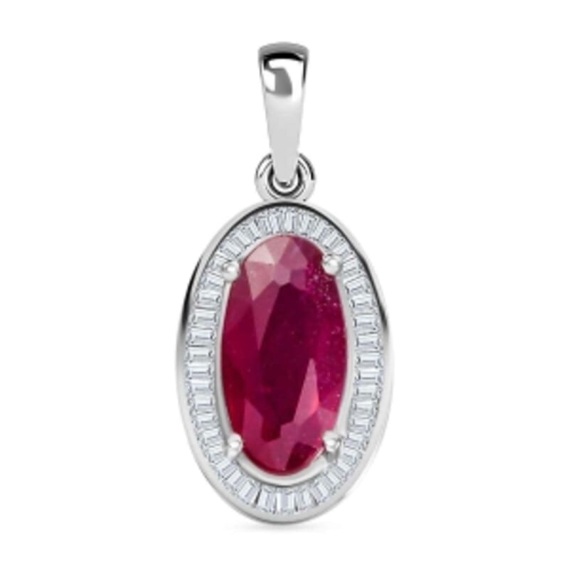 African Ruby and White Diamond 3.22 ctw Pendant in Rhodium Over Sterling Silver