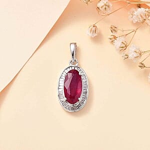 African Ruby and White Diamond 3.22 ctw Pendant in Rhodium Over Sterling Silver