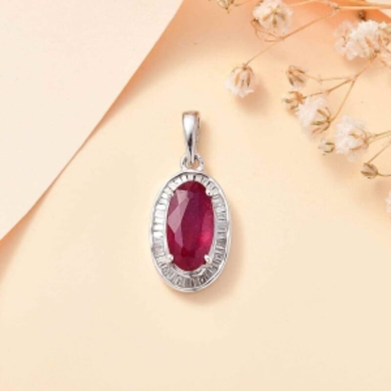 African Ruby and White Diamond 3.22 ctw Pendant in Rhodium Over Sterling Silver