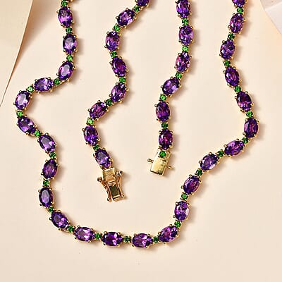 Premium Moroccan Amethyst and Chrome Diopside Necklace 18 Inches in 18K Vermeil Yellow Gold Over Sterling Silver 36.30 ctw