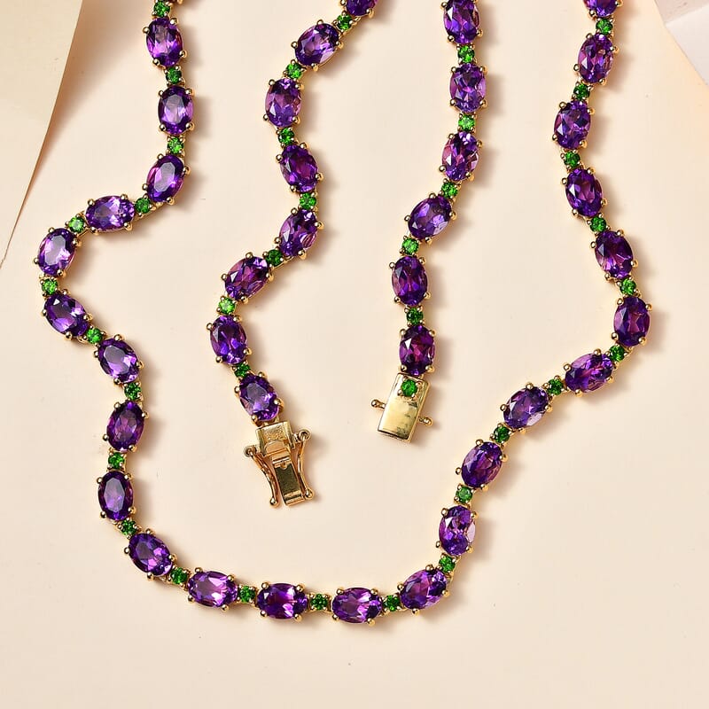 Premium Moroccan Amethyst and Chrome Diopside Necklace 18 Inches in 18K Vermeil Yellow Gold Over Sterling Silver 36.30 ctw
